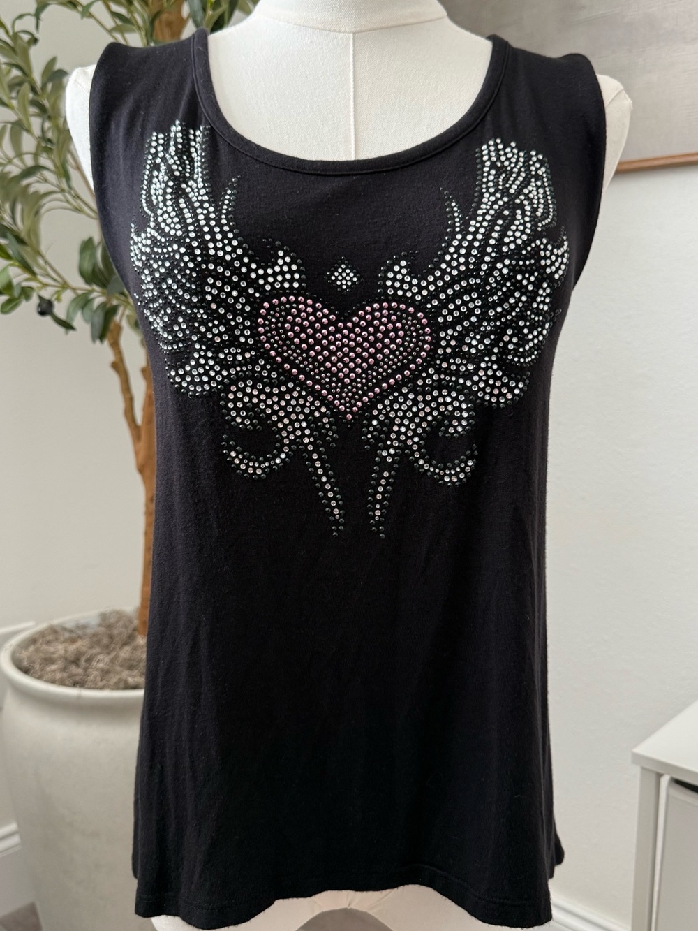 Vance Biker Wear Black Rhinestone Winged Heart Tank
